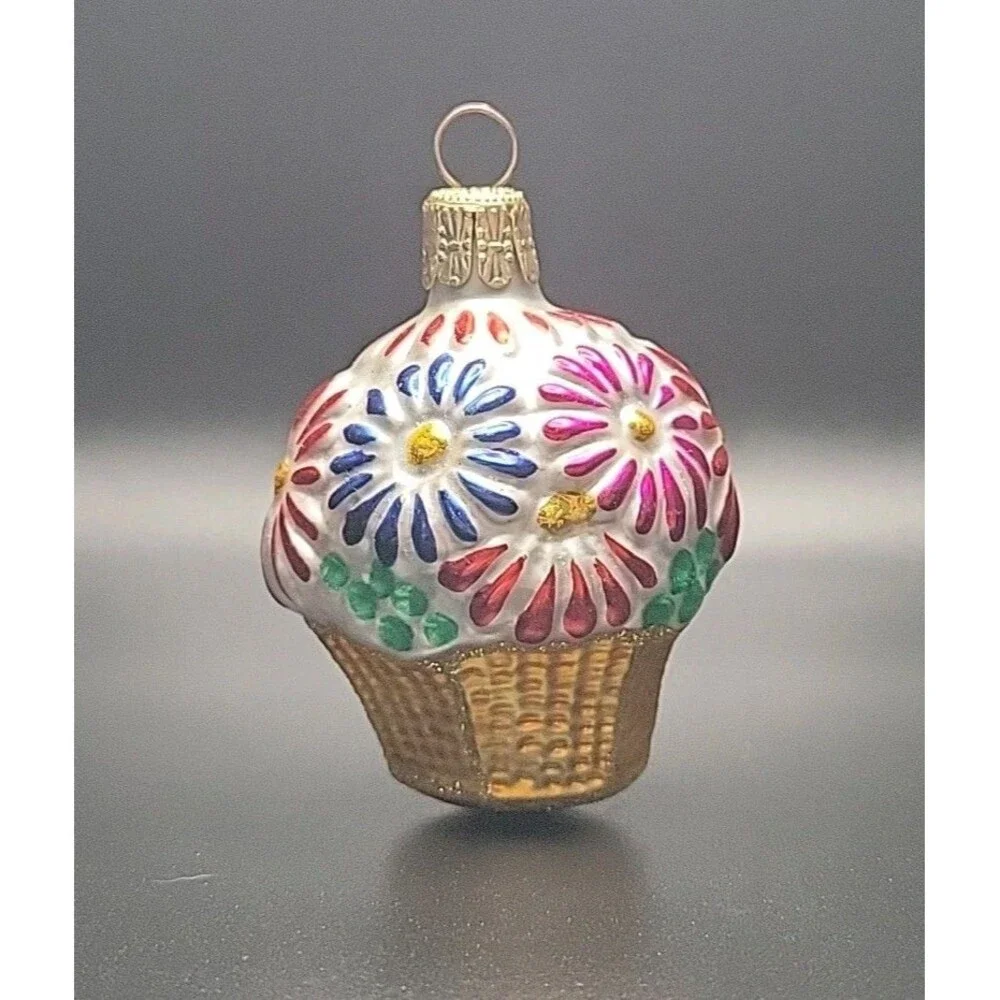 Vintage Czech Republic Blown Glass Flower Basket Christmas Ornament Mini 2.5”